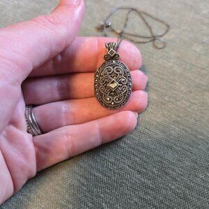 Vintage Sterling Silver Marcasite Locket Necklace